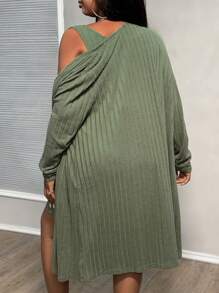Slaydiva Plus Size Pocket Design Buttoned Ribbed Casual Dress & Long Sleeve Open Front Coat-Light Green-J - Army Green - View 3