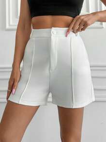 SHEIN Cottnline Tall Size Zipper Fly Seam Detail Shorts - White - View 5
