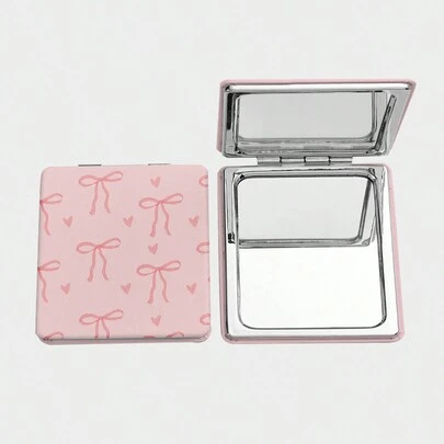 ROMWE Kawaii 1 Gương trang điểm hình vuông họa tiết trái tim và nơ màu hồng, Gương cầm tay di động dành cho bé gái (Vị trí họa tiết ngẫu nhiên)