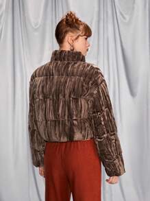 SHEIN Velvet Crop Jacket For Teen Girls, Fashionable Short Coat With Collar, Suitable For Party Or Daily Wear, Can Be Paired With Shoulder Bag, Backpack, Crossbody Bag, Baseball Cap, Beret, Boots, Sneakers, Sunglasses, Earphones - Coffee Brown - View 3