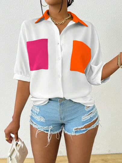 SHEIN LUNE Women's Summer Colorblock Pocket Short Sleeve Loose Casual Shirt,Short Sleeve Tops