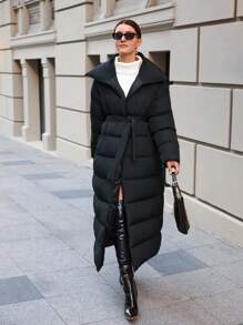 EURMUSE Oversize Belt Detailed Winter Coat - Black - View 7