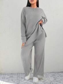 Cloudara Plus Size  Drop Shoulder Split Hem Tee & Pants - Grey - View 4