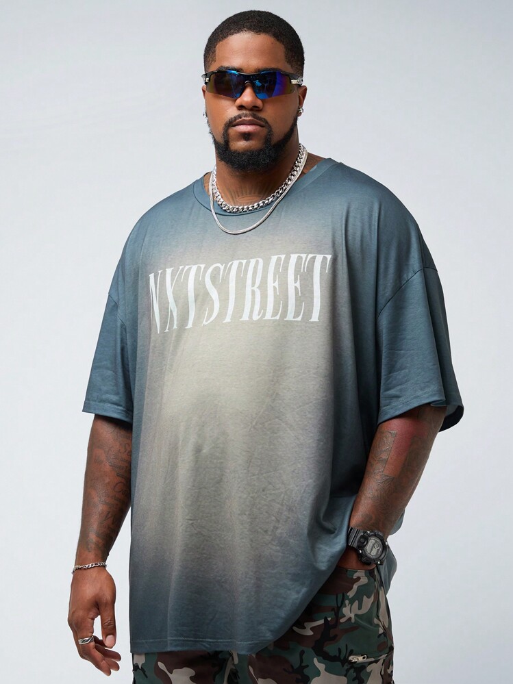 Manfinity VCAY 大码男士仿旧印花宽松落肩短袖 T 恤，适合夏季 - 彩色 - 查看 1