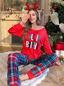 2pcs Women's Letter Print Top And Plaid Loungewear Pants Set, - Multicolor - View 1