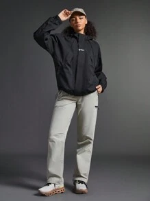 Exploreva Solid Color Front Zip Up Letter Printed Minimalist Sports Jacket, Casual Daily Wear
