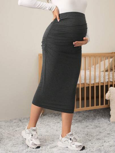 SHEIN Maternity Ruched Elegant Graceful Charming Modest A-Line Skirt Fall
