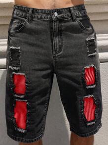 Manfinity LEGND Men's Button Waistband Distressed Design Casual Denim Shorts - Black - View 3