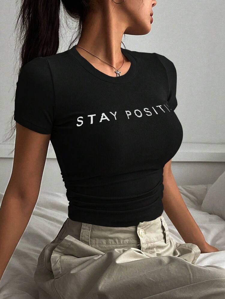 Women Summer Letter Print Crew Neck Short Sleeve Casual T-Shirt,Graphic Tees