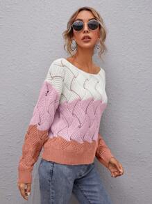 SHEIN LUNE Crew Neck Long Sleeve Colorblock Minimalist Pullover Sweater, Casual Daily Wear, Knit Pullover Fall Winter - Multicolor - View 4