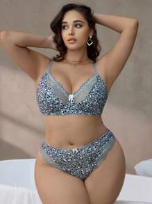 Plus Size 2pcs Floral Print Lingerie Set
