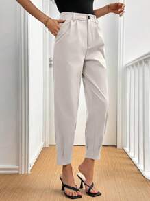 Selianne Women's Elegant Solid Color Pleated Detail Regular Trousers, Autumn - Beige - View 5