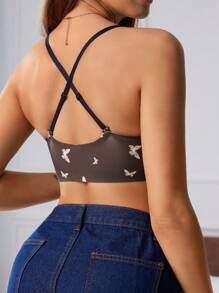 SHEIN 女士休闲浪漫蝴蝶印花文胸、内衣 - 棕色 - 查看 2