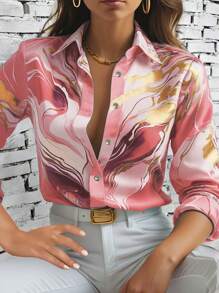 SHEIN Clasi 女士优雅金色衬衫、长袖上衣 - 玫紅色 - 查看 5