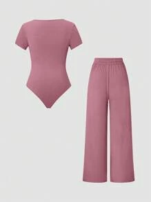 SHEIN Unity Plus Size Women Summer Solid Color Square Neck Short Sleeve Casual Bodysuit And Belted Pants Set - Pink - View 2