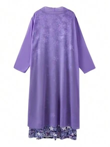 Plus Size Vacation Casual Solid Color Jacket And Floral Print Dress 2-Piece Set - Purple - View 2