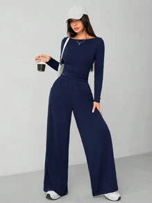 SHEIN PETITE Autumn And Winter Women's Knitted Slim Top + Wide Leg Pants Casual And Comfortable Home Dark Gray Two Pieces Set - Navy Blue - View 4