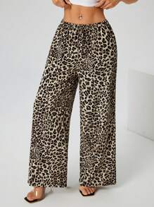 SHEIN PETITE High-Waisted Leopard Print & Black Solid Color Wide-Leg Trousers Two-Piece - Multicolor - View 11