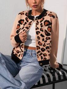 EMERY ROSE Women Fashion Leopard Print Long Sleeve Sweater Cardigan Loose Knit Open Front Fall Winter Outwear Coats - Multicolor - View 3