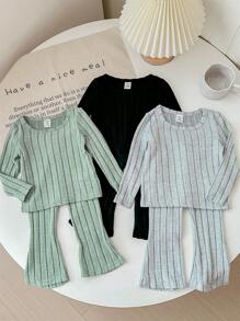 SHEIN LMoss Kids LMoss 3-4 件套女婴冬季休闲罗纹针织喇叭裤套装，适合户外、派对和场合 - 灰色 - 查看 1