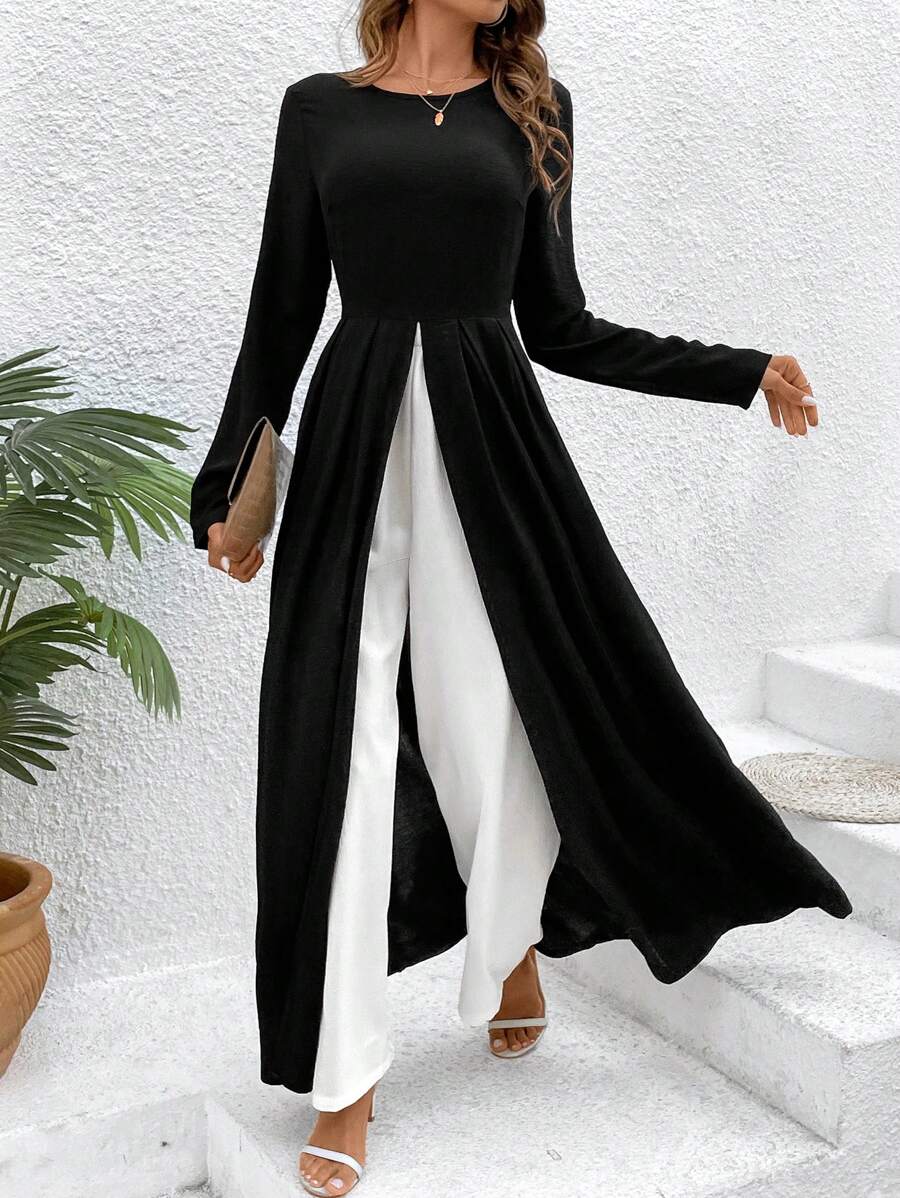 EMERY ROSE Women's Long Top & Pants Set With Split Hem - Black and White - View 1
