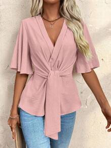 SHEIN Clasi Áo cánh tay ngắn cổ chữ V tối giản trơn màu dành cho nữ - Hồng - Xem 5