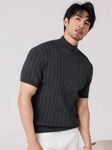 Manfinity Homme 男士休闲纯色立领短袖针织上衣，春秋季 - 黑色 - 查看 9