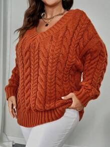 SHEIN Unity Plus Size Solid V-Neck Long Sleeve Minimalist Fall Sweater, Casual Everyday Wear, For Winter Knit Pullover - Orange - View 5