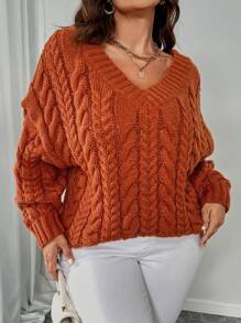 SHEIN Unity Plus Size Solid V-Neck Long Sleeve Minimalist Fall Sweater, Casual Everyday Wear, For Winter Knit Pullover - Orange - View 4