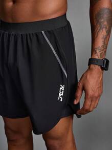 Manfinity Sport Corelite 男友风男士纯色拼接印花休闲运动短裤健身服运动裤黑色短裤 - 黑色 - 查看 7