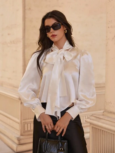 SHEIN Cottnline Women's Solid Color Satin Blouse With Scarf Details