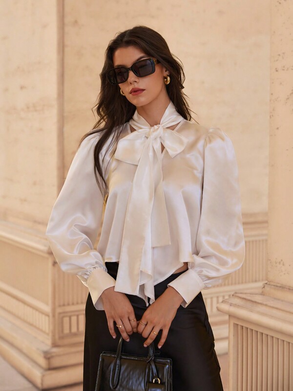 SHEIN Cottnline Women's Solid Color Satin Blouse With Scarf Details