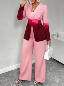 SOLERSUN 2pcs/Set Ombre Lapel Neck Single Button Blazer & Pants - Pink - View 4