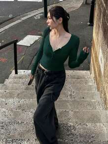 DAZY Women's Solid Color Button Half-Placket Long Sleeve Fitted T-Shirt, Spring & Summer,Fall Clothes Preppy Tops - Dark Green - View 4