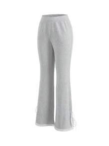 SHEIN EZwear Women's Solid Color Minimalist Everyday Lace Slit Tie Waist Palazzo Pants - Grey - View 3