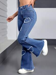 SHEIN EZwear Damen Jeans mit Teddybär-Motiv, Knopfleiste vorne, mehreren Taschen, Used-Look, ausgefranster Kante