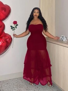 Veslaya Plus Size - Sexy Valentine's Day Mesh Patchwork Ruffle Dress, Prom Dress & Date Night Outfit - Burgundy - View 4