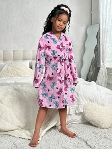 SHEIN Tween Girl's Bow Decor Long Sleeve Hooded Removable Waist Belt Flannel Bathrobe, Autumn/Winter - Pink - View 5