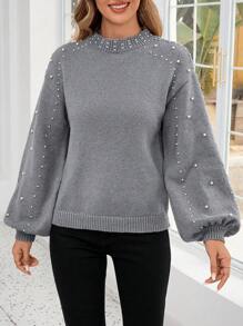 EMERY ROSE 秋冬女士灯笼袖立领串珠毛衣、长袖上衣 - 淺灰色 - 查看 5