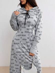 Seusyu Ladies' Casual Letter Print Hooded Dress Spring Autumn - Grey - View 1