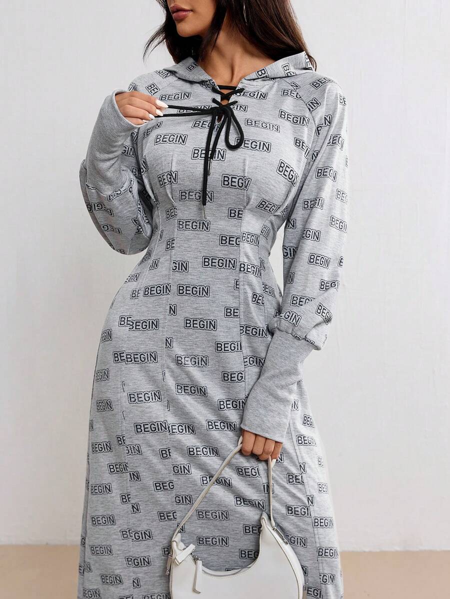 Seusyu Ladies' Casual Letter Print Hooded Dress Spring Autumn - Grey - View 1