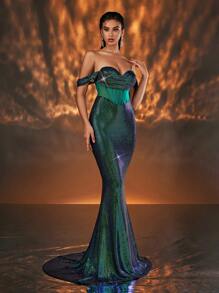 Glamrae Elegant And Gorgeous Dark Green Off-The-Shoulder Stretch Sequin Knit Push-Up And Tight Boned High Waist Mermaid Dress, Suitable For Prom, Wedding Party, Evening Party Prom Dinner Dress (Heavy Industrial Style), Formal Gown, For Wedding Guest, Graduation