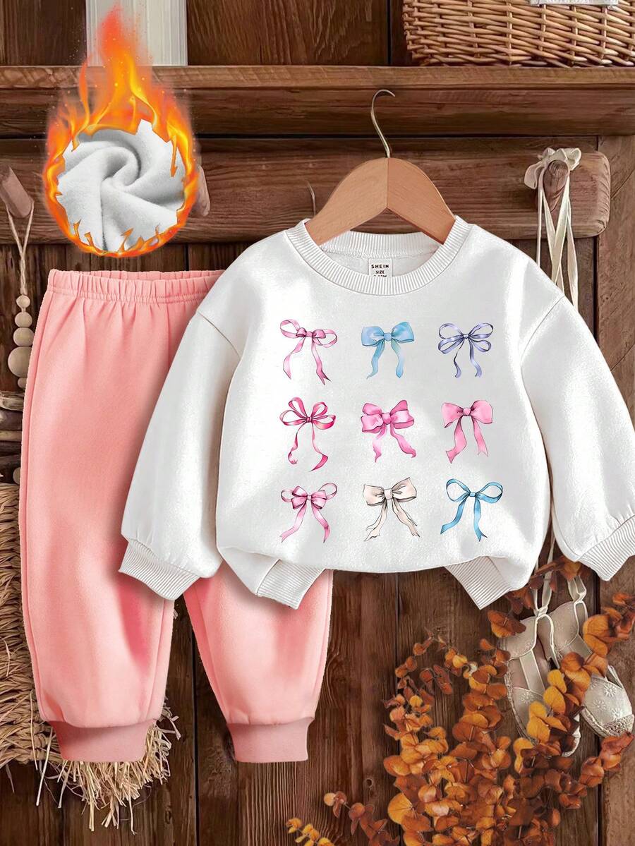 SHEIN 2pcs Baby Girl Cute Bow Tie Printed Soft Knit Pullover Sweatshirt