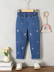 SHEIN Young Girls' Cute Sweet Rainbow Heart Print Casual Denim Jeans,Holiday,Summer,Travel - Dark Wash - View 1