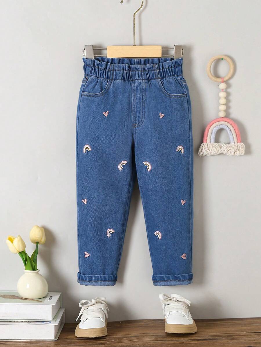 SHEIN Young Girls' Cute Sweet Rainbow Heart Print Casual Denim Jeans,Holiday,Summer,Travel - Dark Wash - View 1