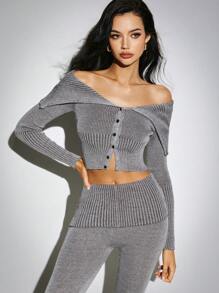Poéselle 2 件女式露肩纯色上衣和修身裤针织毛衣套装，毛衣套装，秋季毛衣，2 件 - 灰色 - 查看 2