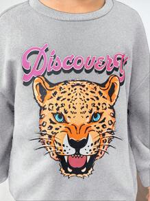 SHEIN Leap Crew 女童休闲针织印花卫衣裤套装（2件套），适合秋冬季节，灰色 - 灰色 - 查看 6