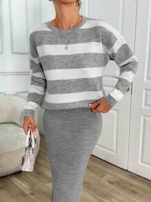 EURMUSE Spring/Autumn Casual Colorblock Striped Oversized Sweater And Knitted Skirt Set - Grey - View 6