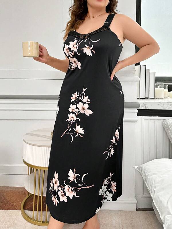 SHEIN Plus size mellanlångt nattlinne med plommonblomkrage spetstryckt