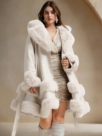 SHEIN Anewsta ファジートリムフード付きウォームコート Anewsta ファジートリムフード付きウォームコート | SHEIN JAPAN